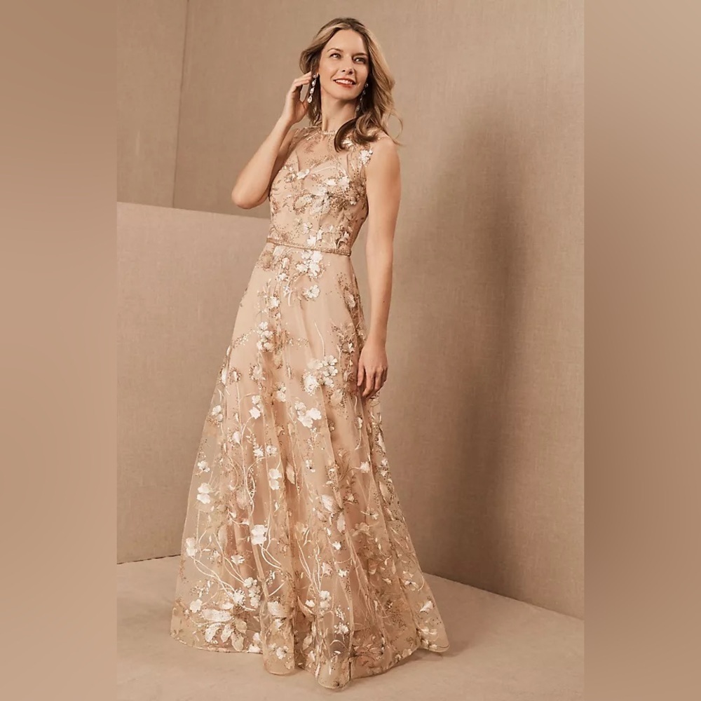SOLD OUT Bronx & Banco Amora Embroidered Gown NWT Nude Gold